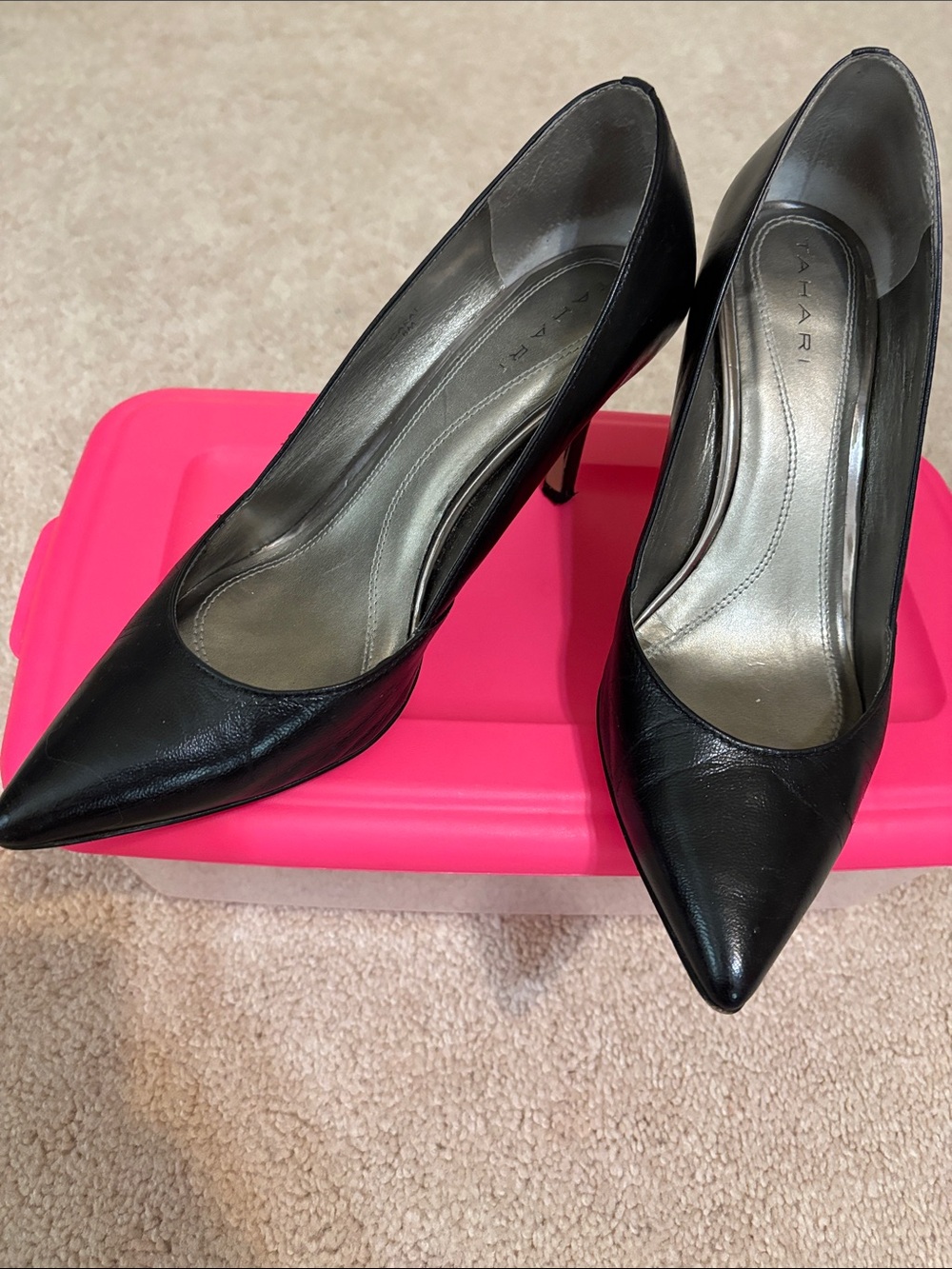 Tahari Black Leather Pointed Toe Mid Stiletto Heels